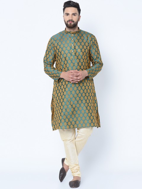 

TAG 7 Men Green & Gold-Colourblocked Self Design Kurta with Churidar