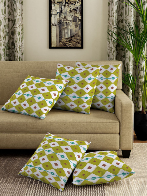 

NEUDIS Olive Green & White Set of 5 Geometric Square Cushion Covers