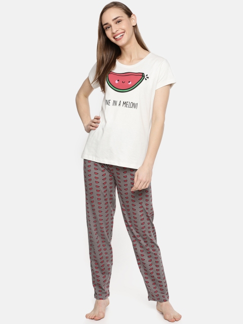 

Ellete Women Off-White & Grey Printed Night Suit EPJ040