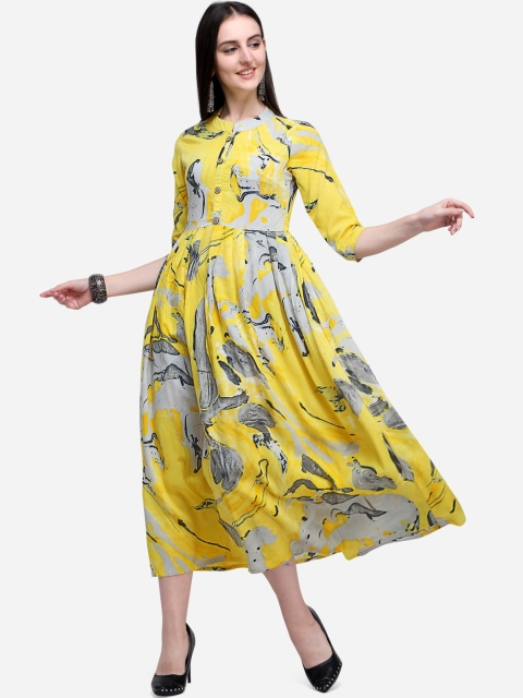 

Mirchi Fashion Women Yellow & Grey Printed A-Line Kurta