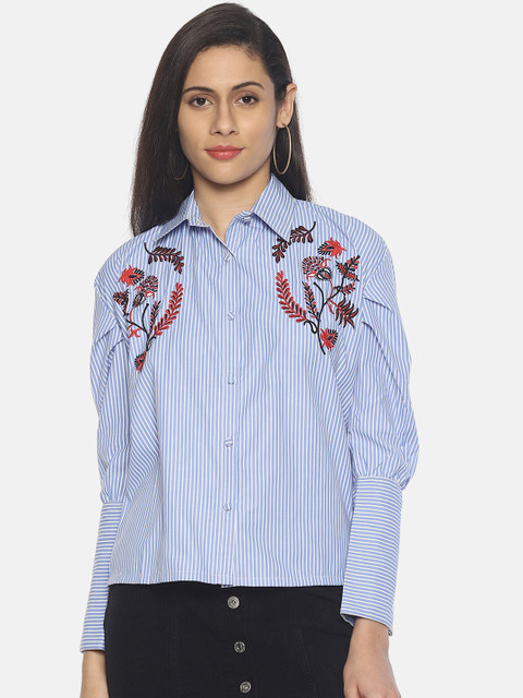 

AARA Women Blue Regular Fit Striped Casual Shirt