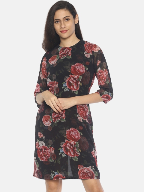 

AARA Women Black Floral Print Sheath Dress