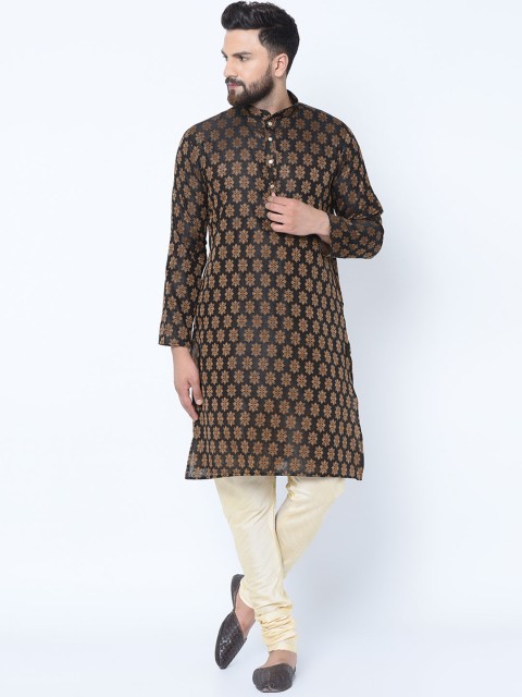 

TAG 7 Men Black & Gold-Toned Self Design Jacquard Kurta with Churidar