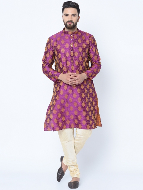 

TAG 7 Men Magenta & Gold-Toned Self Design Jacquard Kurta with Churidar