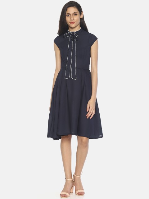 

AARA Women Solid Blue Fit and Flare Dress