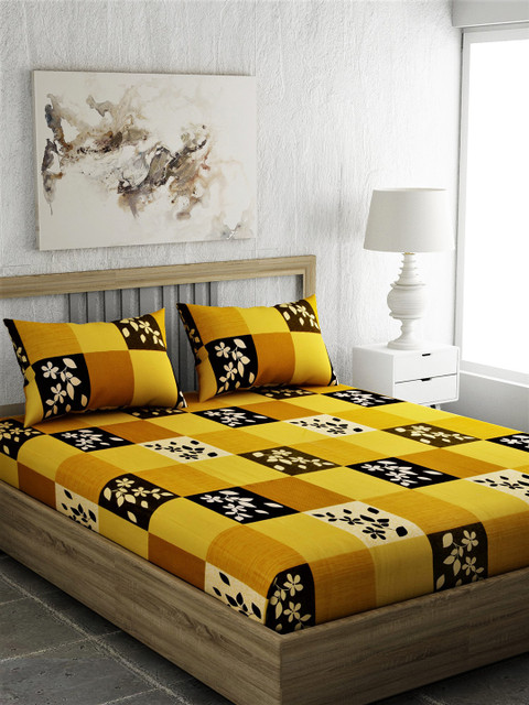 

EverHOME Yellow & Brown Geometric 250 TC Cotton 1 Queen Bedsheet with 2 Pillow Covers