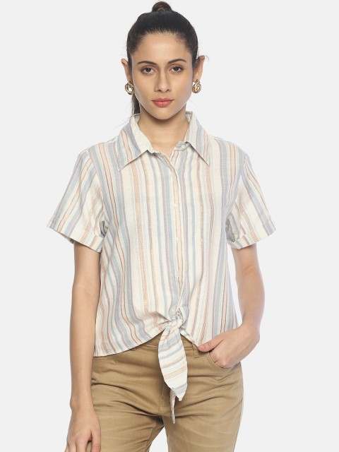 

AARA Women Beige & Cream-Coloured Regular Fit Striped Casual Shirt