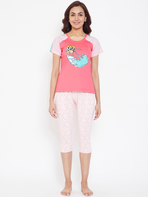 

Clovia Women Pink & Off-White Printed Night suit