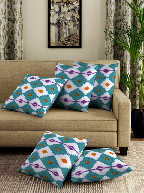 

NEUDIS Set of 5 Blue & White Geometric Square Cushion Covers
