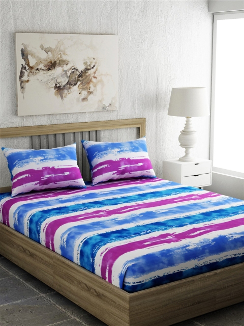 

EverHOME White & Blue Striped 210 TC Cotton 1 Queen Bedsheet with 2 Pillow Covers