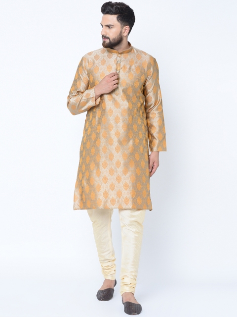 

TAG 7 Men Gold-Toned & Cream-Coloured Self Design Jacquard Kurta with Churidar