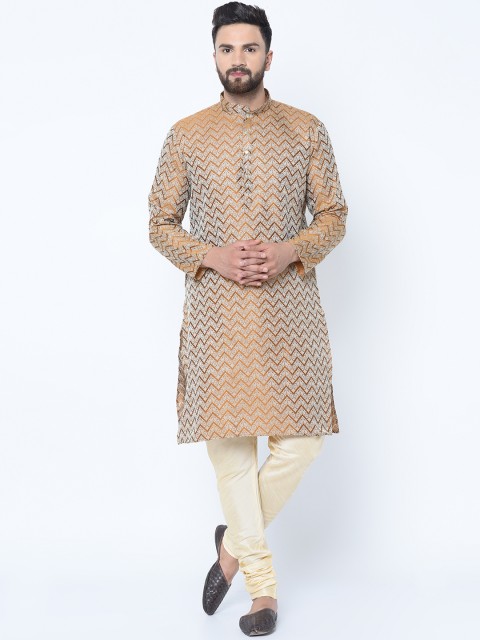 

TAG 7 Men Brown & Cream-Coloured Self Design Jacquard Kurta with Churidar