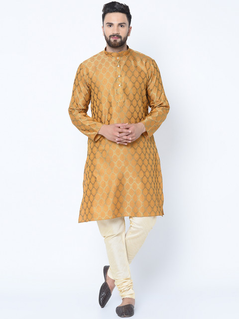 

TAG 7 Men Mustard Yellow & Gold-Toned Self Design Jacquard Kurta with Churidar