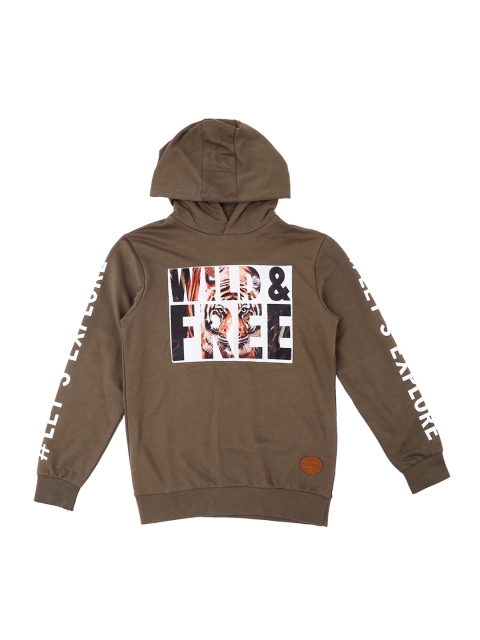 

Pantaloons Junior Boys Olive Green Printed Hooded Sweatshirt