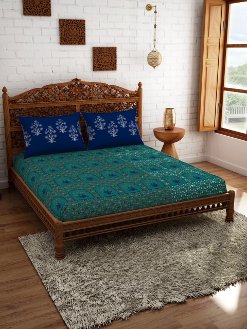 

Welspun Green & Blue Floral 210 TC Cotton 1 Queen Bedsheet with 2 Pillow Covers