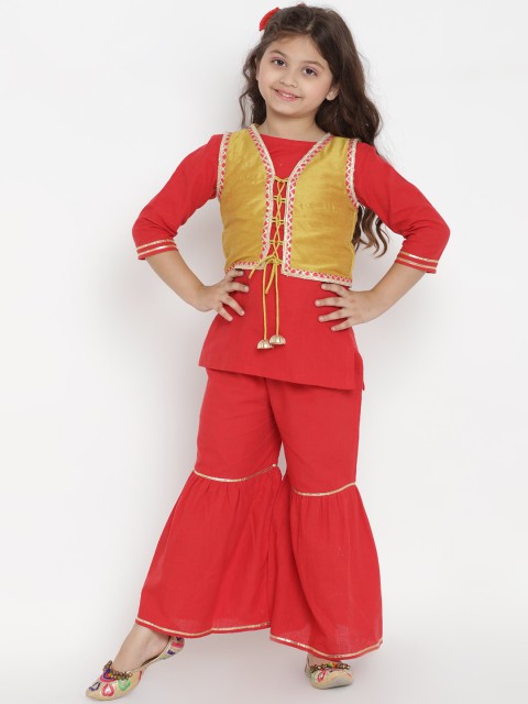 

Bitiya by Bhama Girls Red Solid Kurta with Sharara