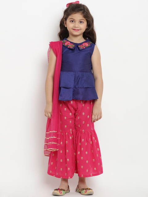 

Bitiya by Bhama Girls Blue & Pink Embroidered Kurta with Sharara & Dupatta