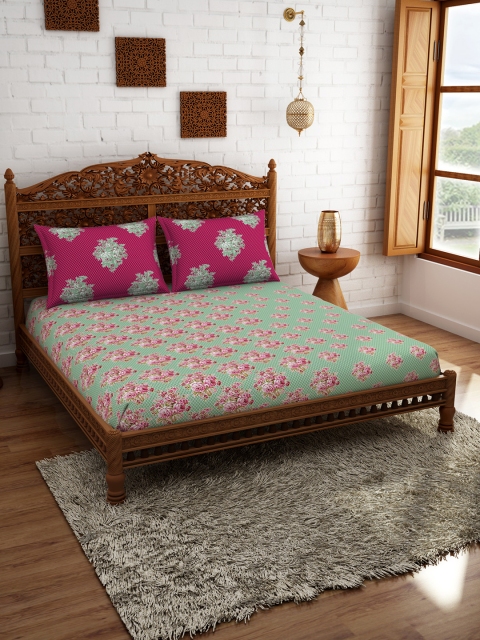 

Welspun Green & Pink Floral 210 TC Cotton 1 Queen Bedsheet with 2 Pillow Covers