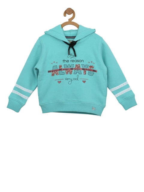

Stupid Cupid Girls Sea Green Printed Hooded Sweatshirt