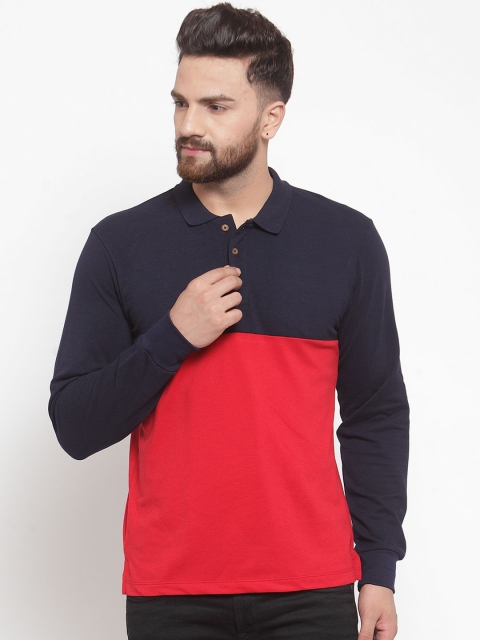 

Kalt Men Navy Blue & Red Colourblocked Polo Collar T-shirt