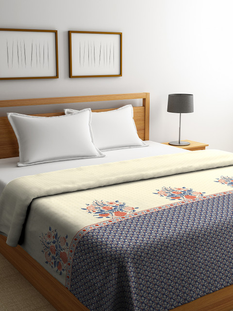 

Portico New York Cream-Coloured & Blue Floral AC Room 280 GSM Double Bed Blanket