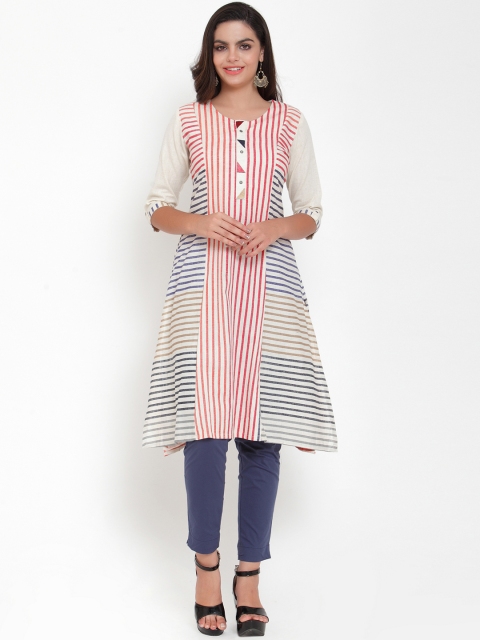 

ETIQUETTE Women Off-White & Pink Striped A-Line Kurta