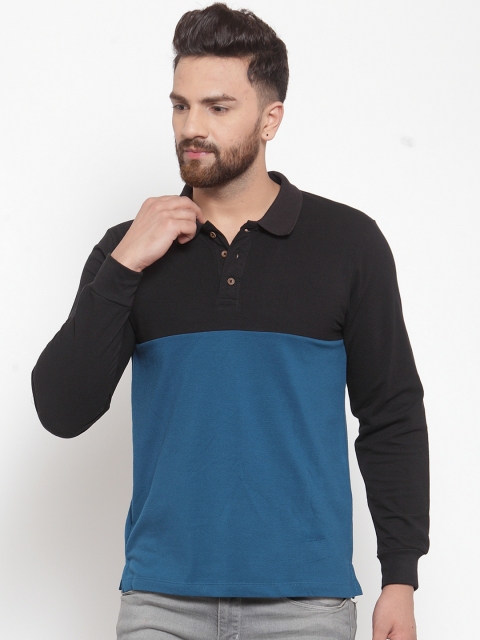 

Kalt Men Black & Blue Colourblocked Polo Collar T-shirt