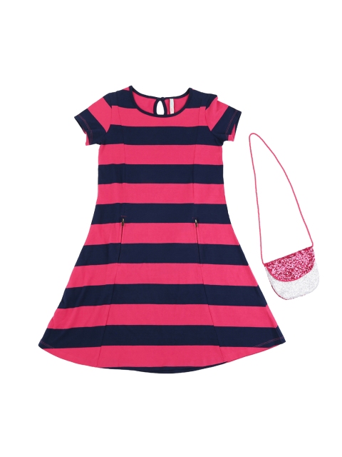 

Pantaloons Junior Girls Fuchsia Pink & Navy Blue Striped A-Line Dress
