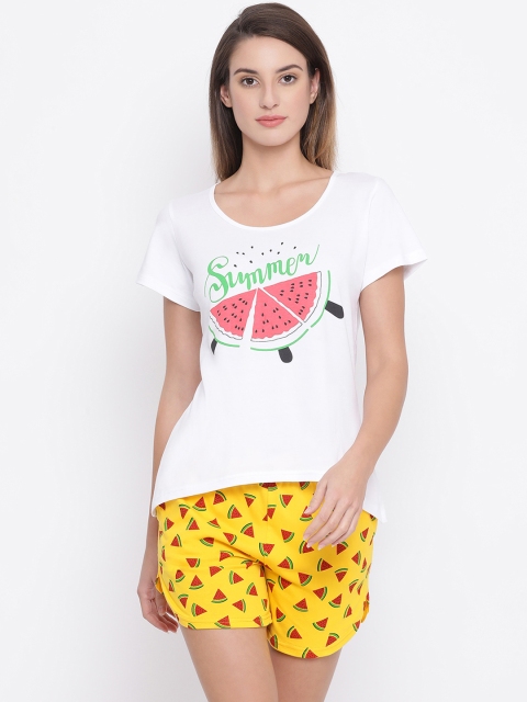 

Clovia Women White & Yellow Printed Night suit