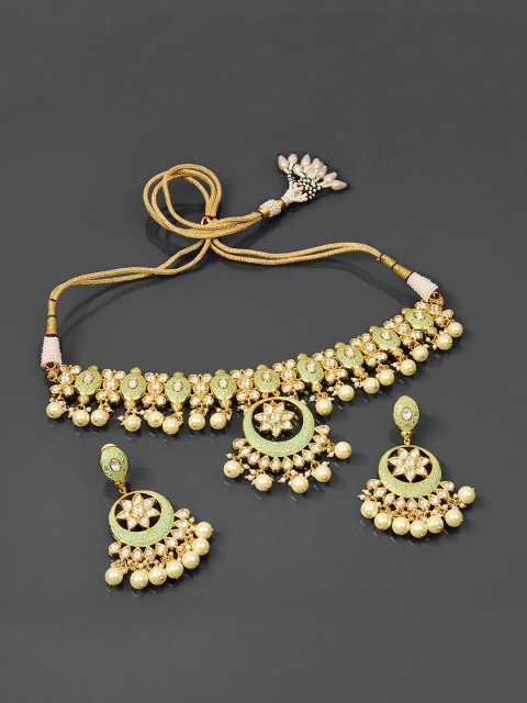 

Tistabene Women Gold-Plated & Green Enamelled Stone-Studded Jewellery Set