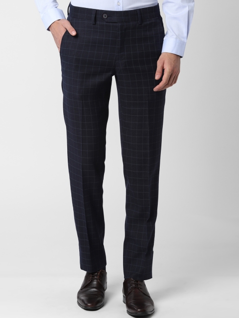 

Peter England Men Navy Blue Slim Fit Checked Formal Trousers