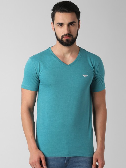 

Peter England Casuals Men Teal Blue Solid V-Neck T-shirt