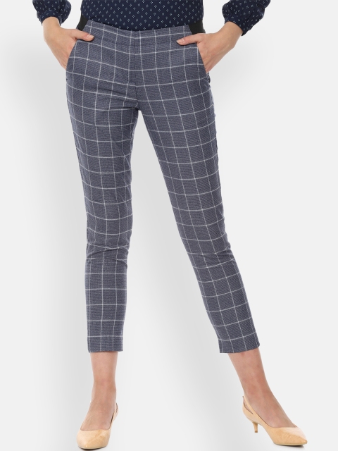 

Van Heusen Woman Women Navy Blue & White Regular Fit Checked Cigarette Trousers