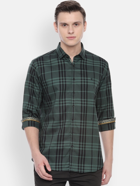 

V Dot Men Green & Black Slim Fit Checked Casual Shirt