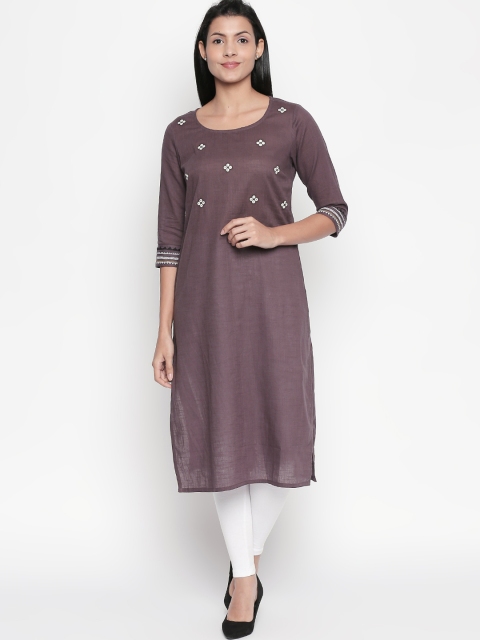 

RANGMANCH BY PANTALOONS Women Taupe Embroidered Straight Kurta, Charcoal