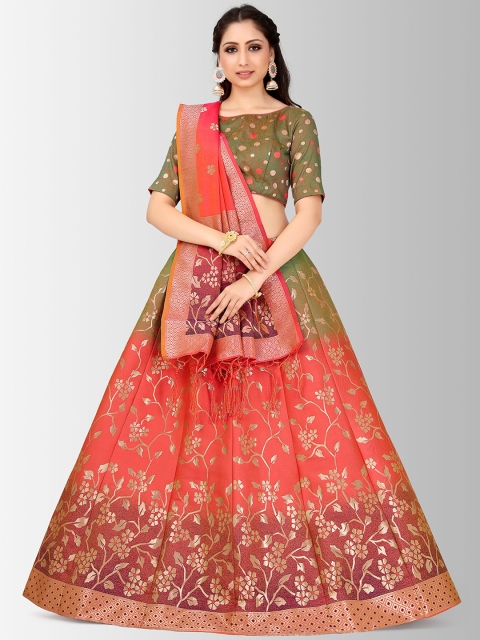 

MIMOSA Green & Coral Printed Semi-Stitched Lehenga & Blouse with Dupatta