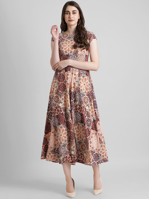

Zink London Women Printed Beige Fit and Flare Dress