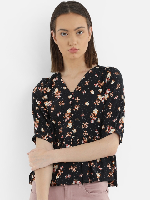 

COVER STORY Women Black Floral Print Peplum Top