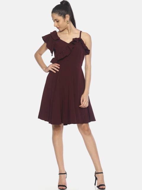 

AARA Women Burgundy Solid Fit and Flare Dress