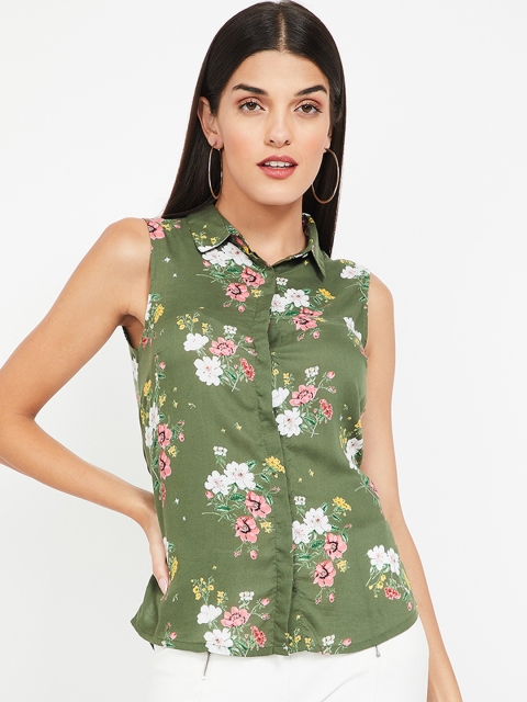 

Bossini Women Olive Green Floral Print Shirt Style Top