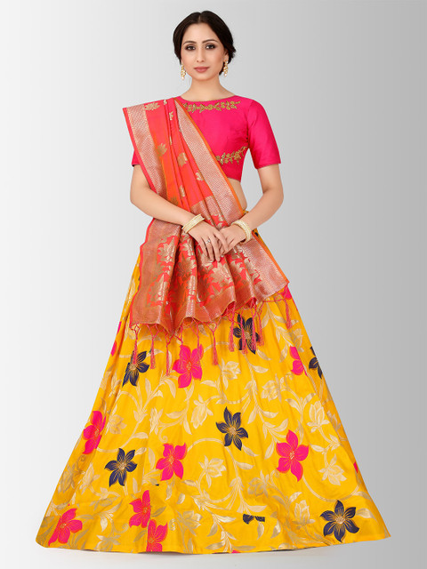 

MIMOSA Magenta & Yellow Embroidered Semi-Stitched Lehenga & Blouse with Dupatta