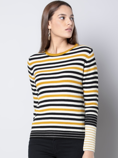 

FabAlley Women White & Yellow Striped Sweater