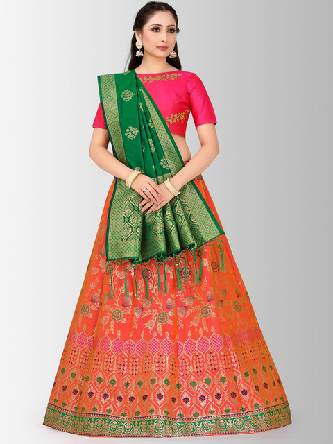 

MIMOSA Pink & Green Embroidered Semi-Stitched Lehenga & Blouse with Dupatta