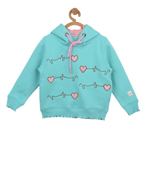 

Stupid Cupid Girls Sea Green Embroidered Hooded Sweatshirt