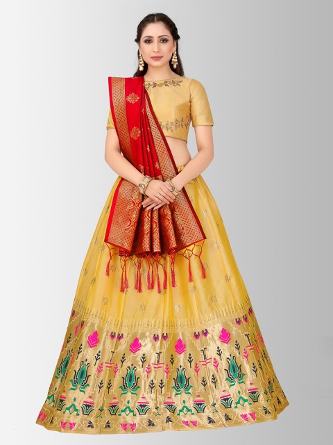 

MIMOSA Gold-Toned & Red Embroidered Semi-Stitched Lehenga & Blouse with Dupatta