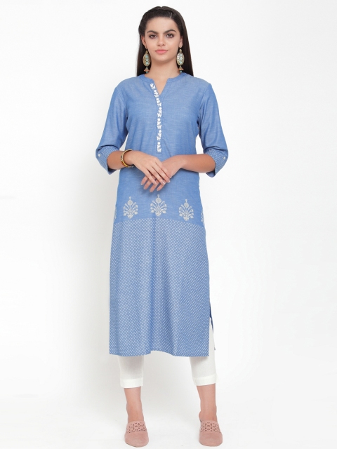 

ETIQUETTE Women Blue Printed Linen Straight Kurti