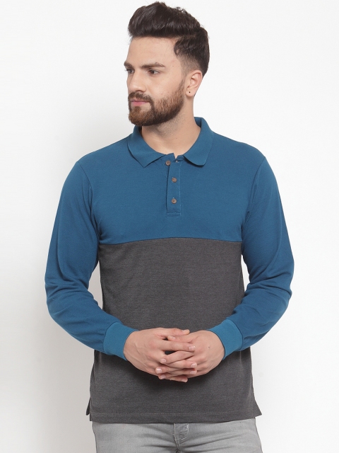 

Kalt Men Teal Blue Colourblocked Polo Collar T-shirt