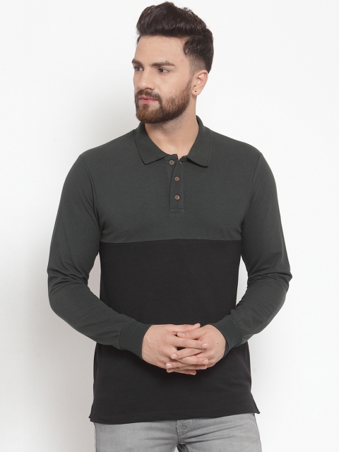 

Kalt Men Black & Olive Green Colourblocked Polo Collar T-shirt