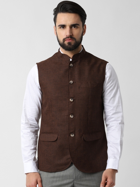 

Peter England Men Brown Woven Design Nehru Jacket