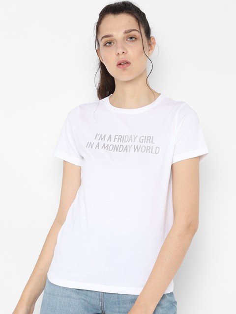 

People Women White Printed Round Neck Pure Cotton T-shirt